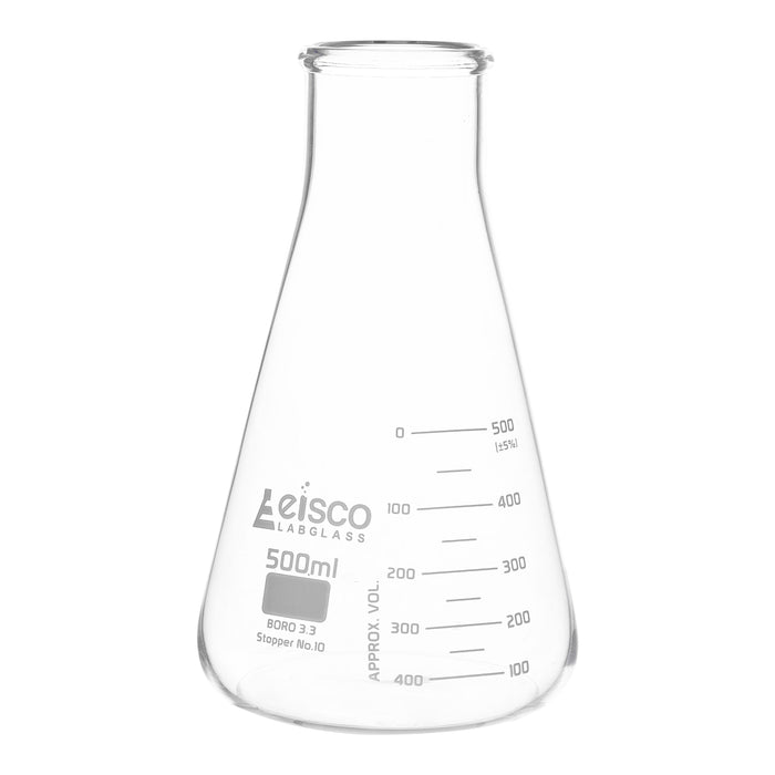 MATRAZ ERLENMEYER 500ML BOCA ANCHA, ASTM, DOBLE ESCALA DE VIDRIO BOROS