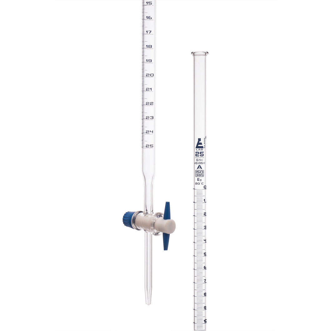 BURETA DE 25ML CON LLAVE DE PTFE  CLASE A, SERIALIZADA CON CERTIFICADO INDIVIDUAL, GRADUACIÓN AZUL EISCO