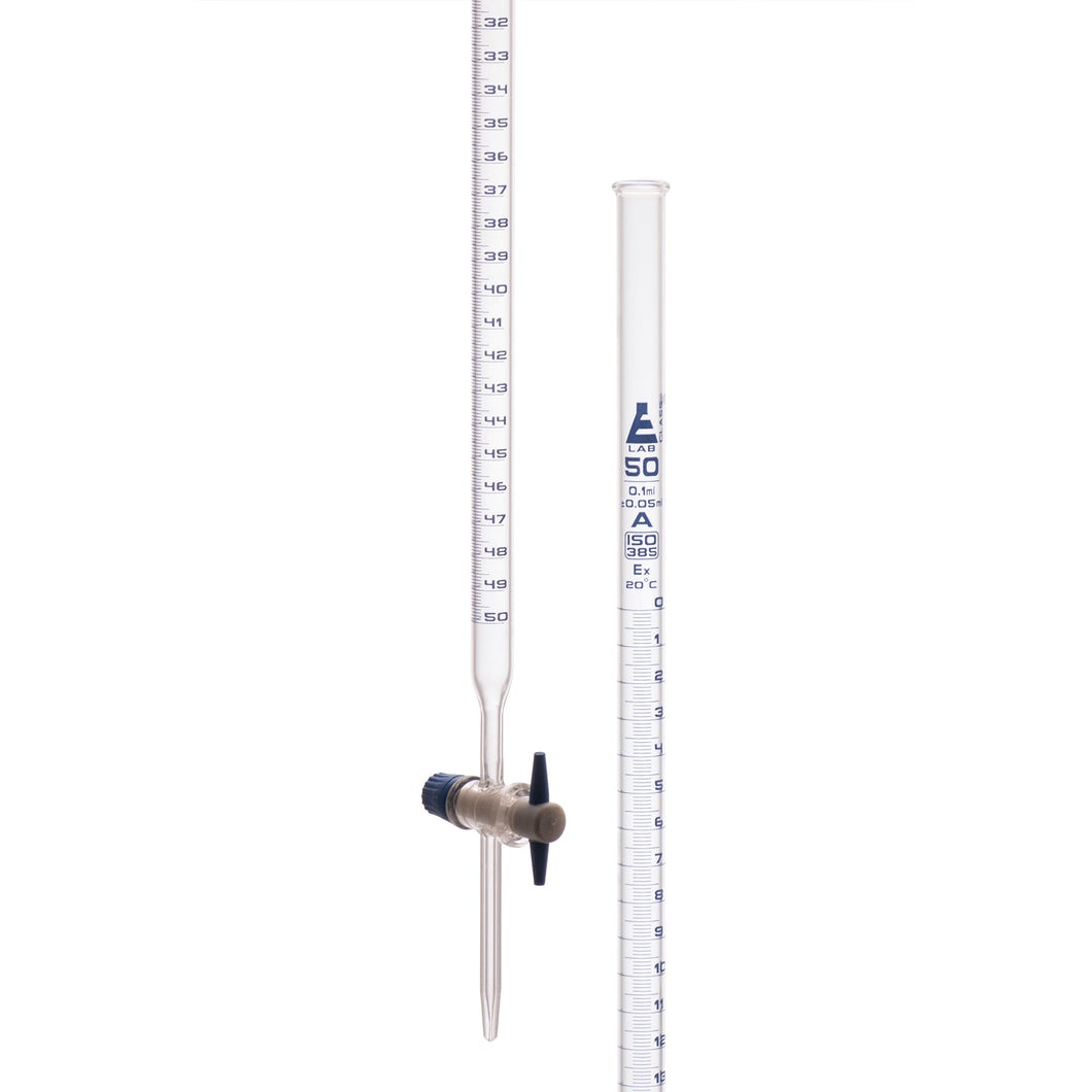 BURETA DE 50ML CON LLAVE DE PTFE  CLASE A, SERIALIZADA CON CERTIFICADO INDIVIDUAL, GRADUACIÓN AZUL EISCO