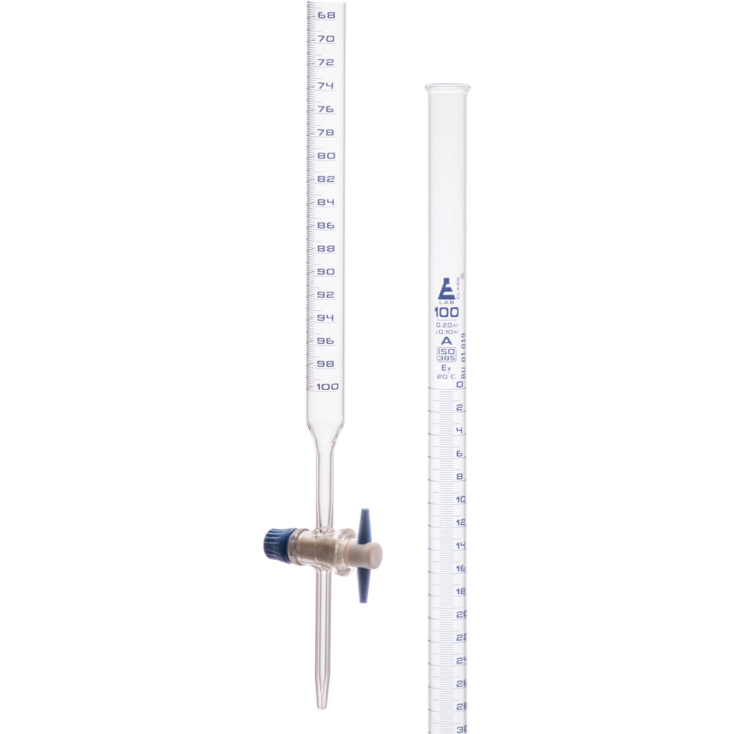 BURETA DE 100ML CON LLAVE DE PTFE  CLASE A, SERIALIZADA CON CERTIFICADO INDIVIDUAL, GRADUACIÓN AZUL EISCO
