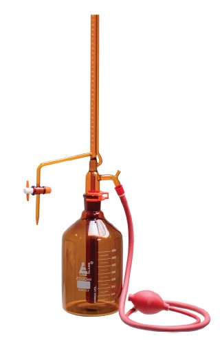 BURETA AUTOMATICA DE 10ML AMBAR CON LLAVE DE PTFE CLASE A, CERTIFICADO POR LOTES, GRADUACIÓN BLANCA EISCO