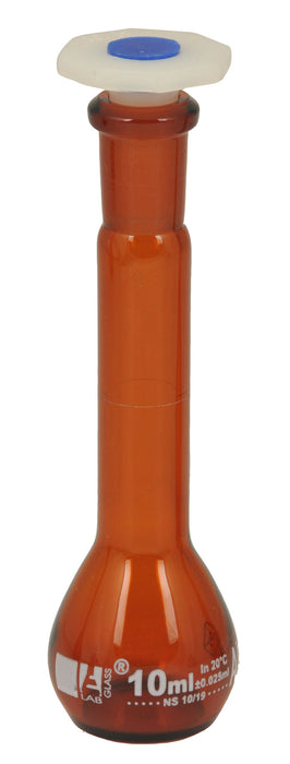 MATRAZ VOLUMÉTRICO (AFORADO) 10ML AMBAR, CLASE A, TAPÓN DE POLIPROPILENO EISCO