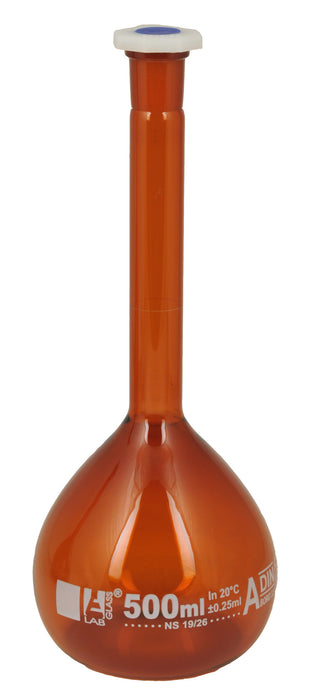 MATRAZ VOLUMÉTRICO (AFORADO) 500ML AMBAR, CLASE A, TAPÓN DE POLIPROPILENO EISCO
