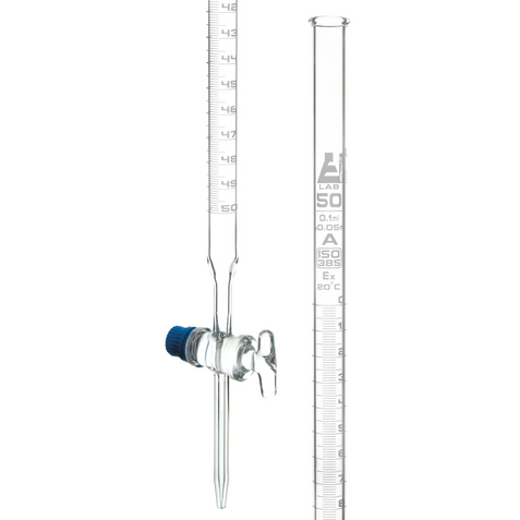 BURETA DE 100ML CON LLAVE DE VIDRIO CLASE A, GRADUACIÓN BLANCA EISCO