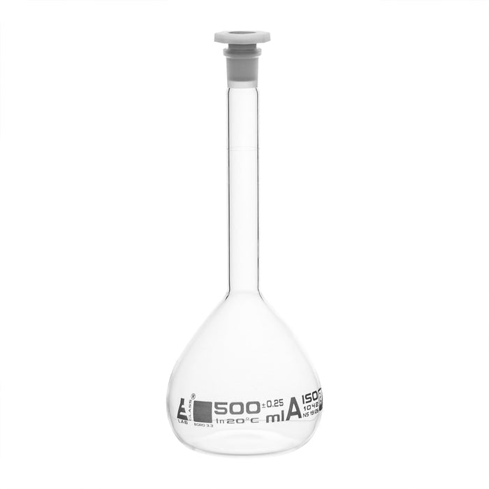 MATRAZ VOLUMÉTRICO (AFORADO) 500ML, CLASE A, TAPÓN DE POLIPROPILENO EISCO