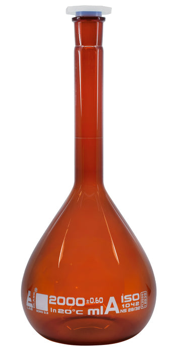 MATRAZ VOLUMÉTRICO (AFORADO) 2000ML AMBAR, CLASE A, TAPÓN DE POLIPROPILENO EISCO