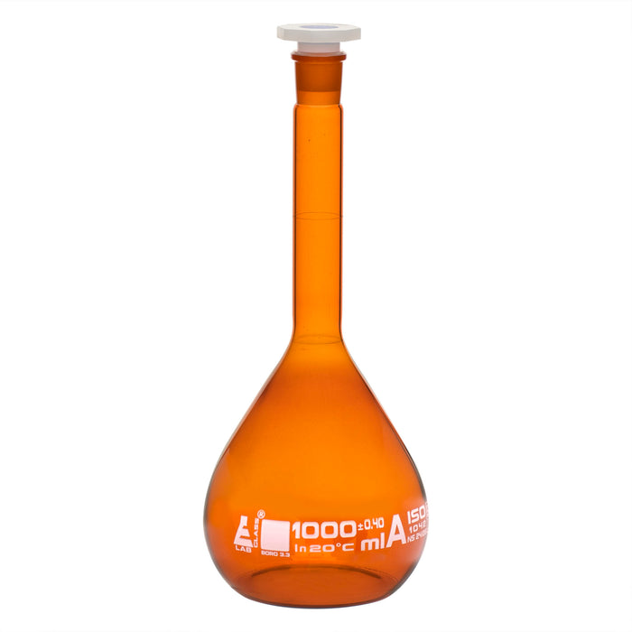 MATRAZ VOLUMÉTRICO (AFORADO) 1000ML AMBAR, CLASE A, TAPÓN DE POLIPROPILENO EISCO