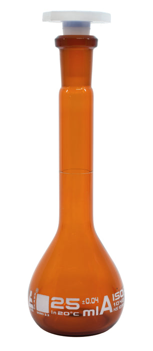 MATRAZ VOLUMÉTRICO (AFORADO) 25ML AMBAR, CLASE A, TAPÓN DE POLIPROPILENO EISCO