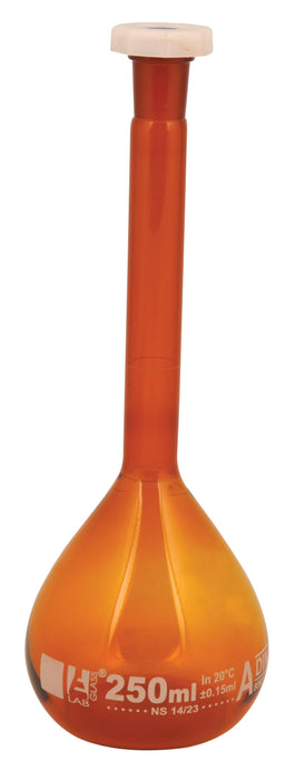 MATRAZ VOLUMÉTRICO (AFORADO) 250ML AMBAR, CLASE A, TAPÓN DE POLIPROPILENO EISCO