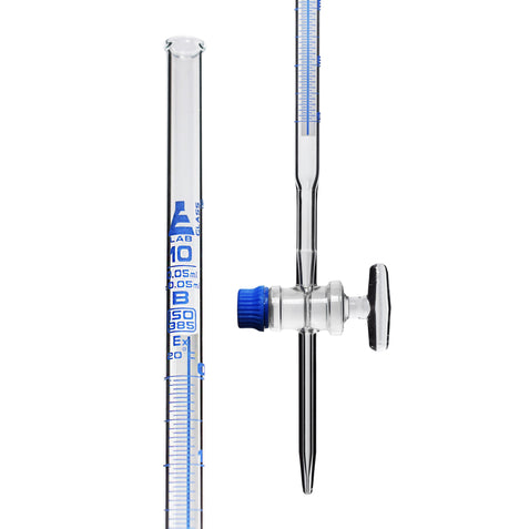 BURETA SCHELLBACH DE 10ML CON LLAVE DE VIDRIO CLASE B, GRADUACIÓN AZUL EISCO