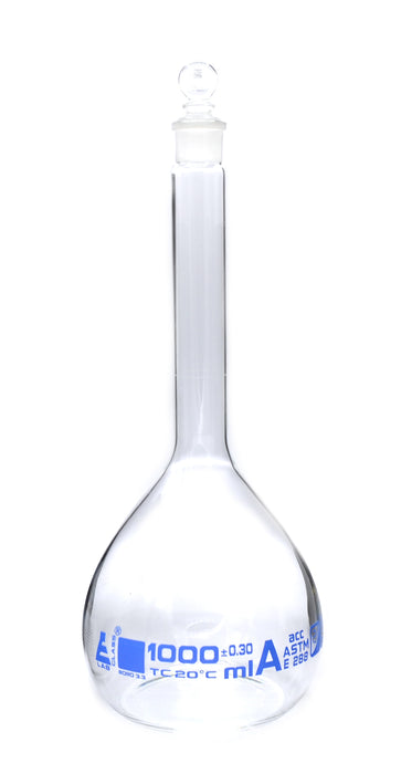 MATRAZ VOLUMÉTRICO (AFORADO) 1000ML, CLASE A, SERIALIZADA CON CERTIFICADO INDIVIDUAL EISCO
