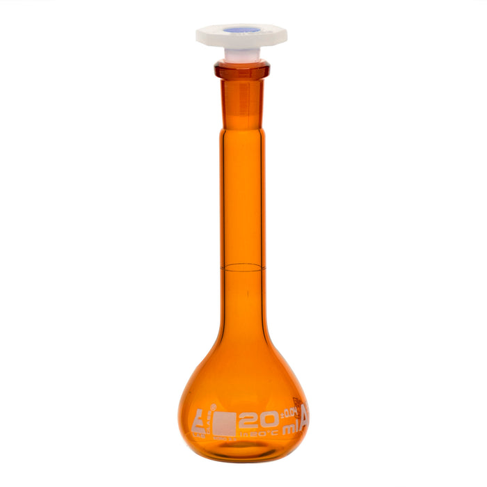 MATRAZ VOLUMÉTRICO (AFORADO) 20ML AMBAR, CLASE A, TAPÓN DE POLIPROPILENO EISCO