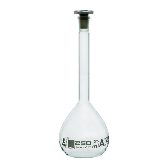 MATRAZ VOLUMÉTRICO (AFORADO) 250ML, CLASE A, TAPÓN DE POLIPROPILENO EISCO