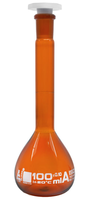 MATRAZ VOLUMÉTRICO (AFORADO) 100ML AMBAR, CLASE A, TAPÓN DE POLIPROPILENO EISCO