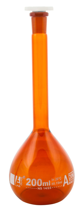 MATRAZ VOLUMÉTRICO (AFORADO) 200ML AMBAR, CLASE A, TAPÓN DE POLIPROPILENO EISCO