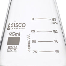 Cargar imagen en el visor de la galería, MATRAZ ERLENMEYER 125ML BOCA ANCHA, ASTM, DOBLE ESCALA DE VIDRIO BOROSILICATO EISCO
