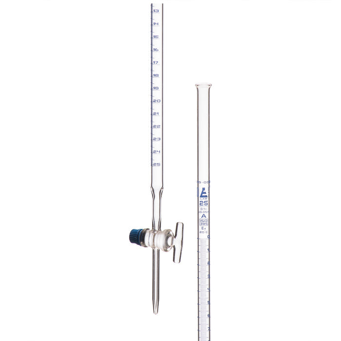 BURETA DE 10ML CON LLAVE DE VIDRIO CLASE A, SERIALIZADA CON CERTIFICADO INDIVIDUAL, GRADUACIÓN AZUL EISCO