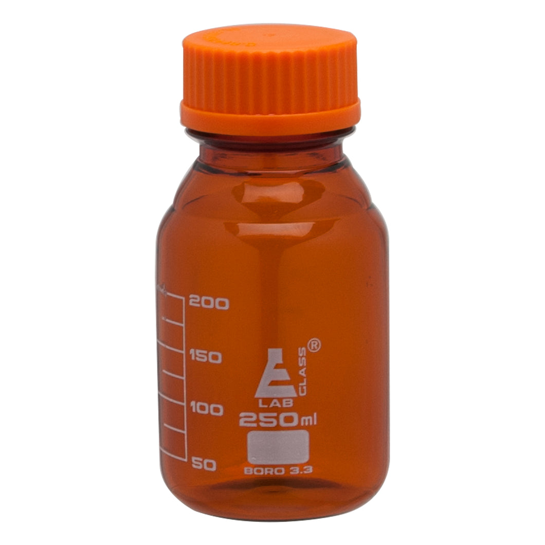 FRASCO PARA LABORATORIO 250ML DE VIDRIO BOROSILICATO ÁMBAR, GRADUADA, CON TAPAROSCA EISCO