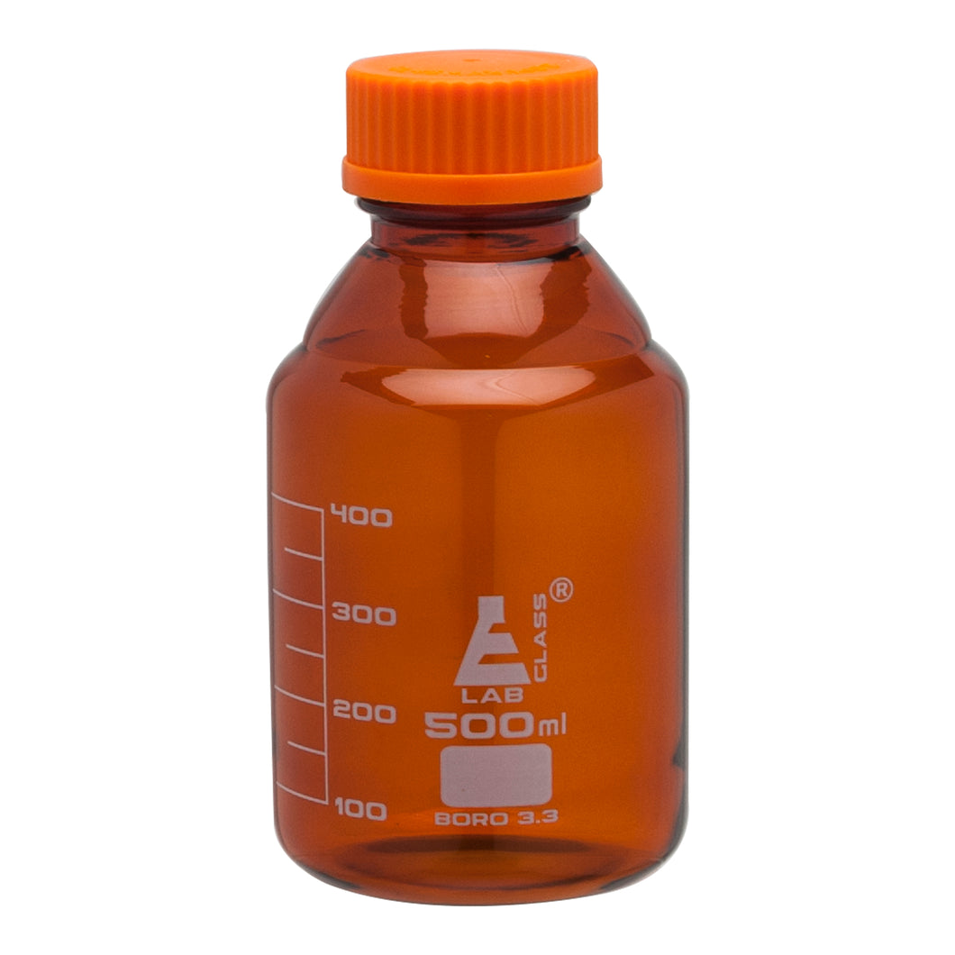 FRASCO PARA LABORATORIO 500ML DE VIDRIO BOROSILICATO ÁMBAR, GRADUADA, CON TAPAROSCA EISCO