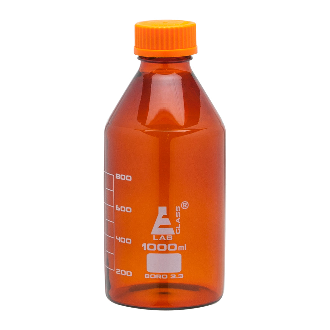 FRASCO PARA LABORATORIO 1000ML DE VIDRIO BOROSILICATO ÁMBAR, GRADUADA, CON TAPAROSCA EISCO