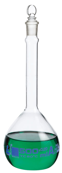 MATRAZ VOLUMÉTRICO (AFORADO) 500ML, CLASE A, TAPÓN PLANO DE VIDRIO EISCO